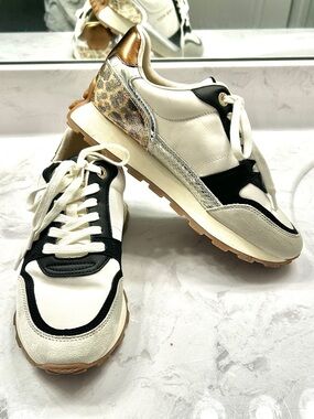 Nine West White, Black, Silver & Gold Leopard Accent Sneakers